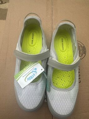Lands' End Women's Mary Jane Sneakers in Light Gray with Neon Yellow Insoles
